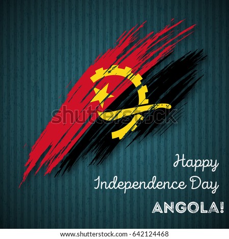 Angola Independence Day Patriotic Design. Expressive Brush Stroke in National Flag Colors on dark striped background. Happy Independence Day Angola Vector Greeting Card.