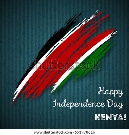 Kenya Independence Day Patriotic Design. Expressive Brush Stroke in National Flag Colors on dark striped background. Happy Independence Day Kenya Vector Greeting Card.