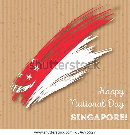 Singapore Independence Day Patriotic Design. Expressive Brush Stroke in National Flag Colors on kraft paper background. Happy Independence Day Singapore Vector Greeting Card.