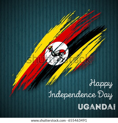 Uganda Independence Day Patriotic Design. Expressive Brush Stroke in National Flag Colors on dark striped background. Happy Independence Day Uganda Vector Greeting Card.