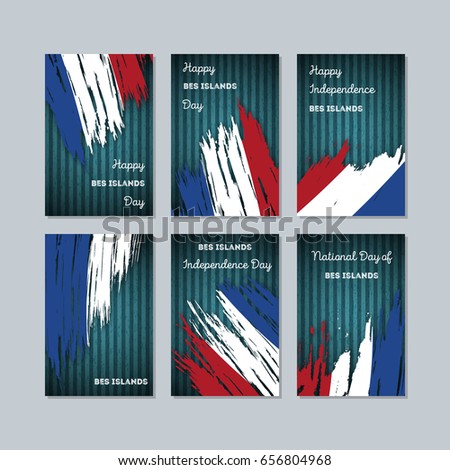 BES islands Patriotic Cards for National Day. Expressive Brush Stroke in National Flag Colors on dark striped background. BES islands Patriotic Vector Greeting Card.