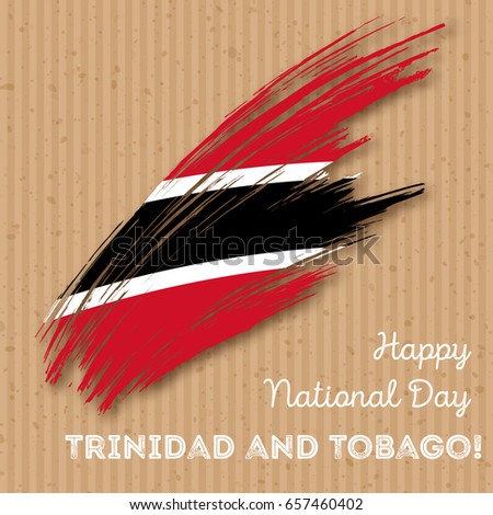 Trinidad and Tobago Independence Day Patriotic Design. Expressive Brush Stroke in National Flag Colors on kraft paper background. Happy Independence Day Trinidad and Tobago Vector Greeting Card.