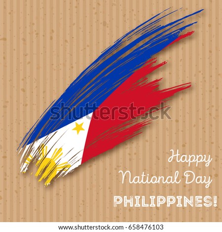 Philippines Independence Day Patriotic Design. Expressive Brush Stroke in National Flag Colors on kraft paper background. Vector Greeting Card.