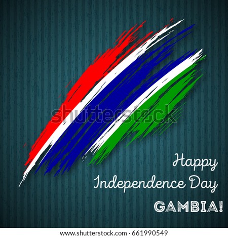 Gambia Independence Day Patriotic Design. Expressive Brush Stroke in National Flag Colors on dark striped background. Happy Independence Day Gambia Vector Greeting Card.