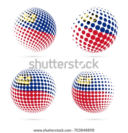 Liechtenstein halftone flag set patriotic vector design. 3D halftone sphere in national flag colors isolated on white background.