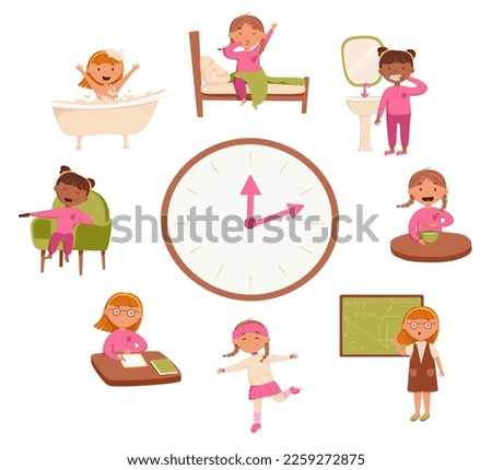 Children's daily routine vector illustration. Cute cheerful girls wakes up and performs routine daily activities. Scheduler. Brushing teeth, studying at school, skates, homework, rest, evening bath