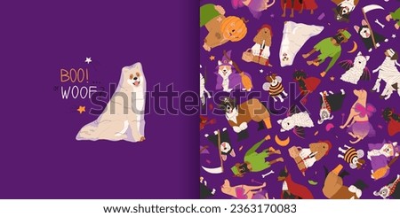 Halloween seamless pattern with dogs in cute halloween costumes. Greeting card with dog in ghost Halloween costume. Trick or treat. Vector illustration. Ideal for holiday cards, decorations and gift