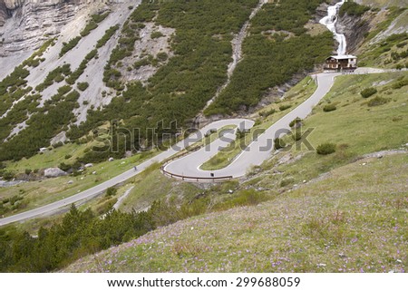 The Stelvio Pass, mountain pass in northern Italy, at an elevation of 2,757 m