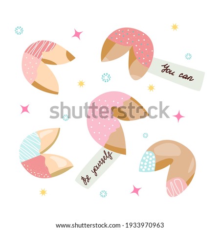 Set of Chinese Fortune Cookies. Asian Baked goods for good luck. Vector cartoon flat illustration isolated on white background
