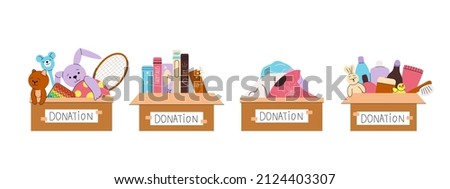 Donations carton boxes full of child toys, clothing, cosmetics and books. Help and support for low-income families and orphans. Charity concept. Flat vector illustration isolated on white background