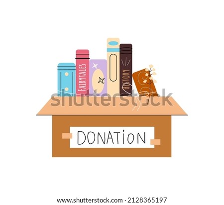 Cardboard box with different books for donations. Pile of standing books bandaged with ribbon with flower. Color flat vector illustration isolated on white background