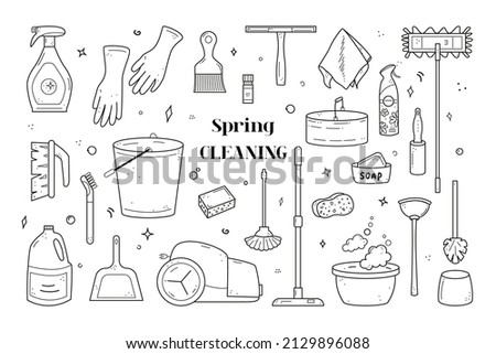 Hand drawn set of cleaning agents, mops, vacuum cleaner, bucket, brushes, soap, rubber gloves. Spring clean chores elements. Vector illustration in doodle sketch style isolated on white background
