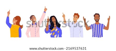 Diversity people looking up and pointing with fingers. Smiling men and women characters indicating upward in sky. Searching new goals concept. Color flat cartoon vector illustartion isolated on white