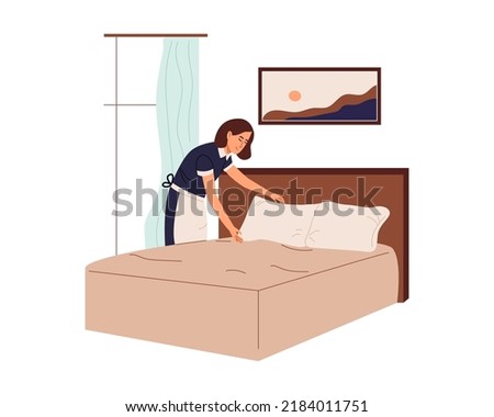 Housekeeper in uniform cleaning hotel room. Maid woman changing bedding. Housekeeping service concept. Color flat vector illustration isolated on white background