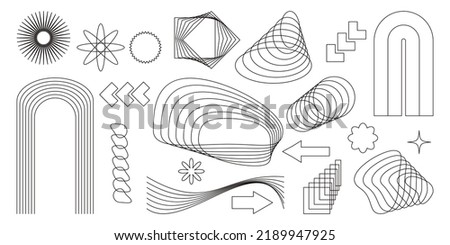 Aesthetic Y2K geometric shapes vector set. Futuristic brutalism line elements in 2000s style. Trendy retro modern forms and figures of graphic design. 