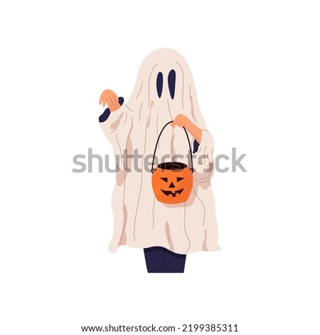 Cute kid in white ghost costume celebrating Halloween. Spooky child with pumpkin candy bucket doing trick or treat. Helloween phantom character. Isolated flat graphic vector illustration ストックフォト © 