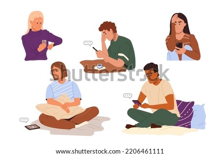 People are waiting for a phone call or online message. Sad frustrated men and women with smartphones typing, expecting for sms. Flat vector illustration isolated on white background