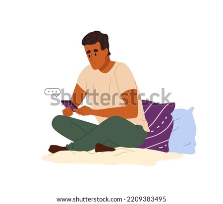 Man with cell phone waiting for call or sms. Unhappy alone person sitting at home, looking on smartphone, typing with hope. Colored flat vector illustration isolated on white background