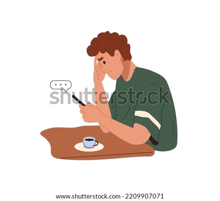 Man with mobile phone typing online message while drinking coffee. Unhappy puzzled guy sitting at table, looking on smartphone, texting sms. Color flat vector illustration isolated on white background