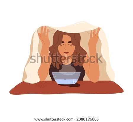 Young woman with towel doing steam inhalation above bowl with hot water. Flat vector illustration isolated on white background