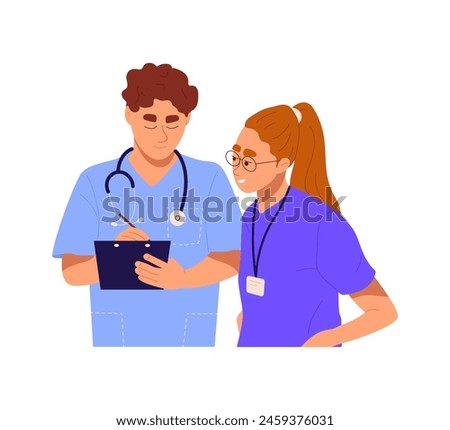 Doctor and nurse discussing over a medical report in hospital. Healthcare staff talking in a clinic. Male physician with stethoscope. Female nurse in uniform. Flat vector illustration