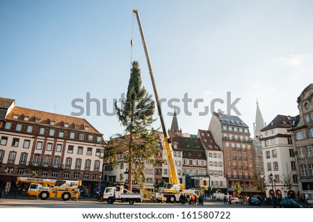 STRASBOURG, FRANCE - NOVEMBER 05: Installation of a giant Christmas tree by cranes on the Place Kleber in Strasbourg\'s center on November 5, 2013, as part of the city\'s Christmas decorations.