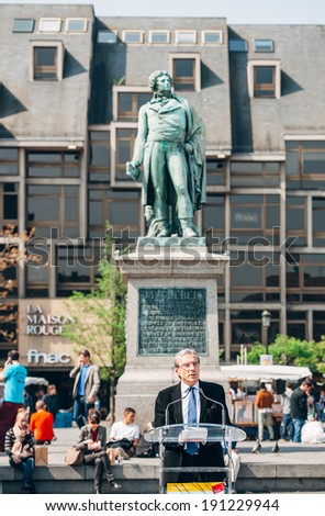 STRASBOURG, FRANCE - APRIL 14, 2014: Roland Ries mayor of Strasbourg addressing the citizens in Place Kleber, Strasbourg, France. Mr Reis ( socialist party) was re elected mayor on March 30, 2014