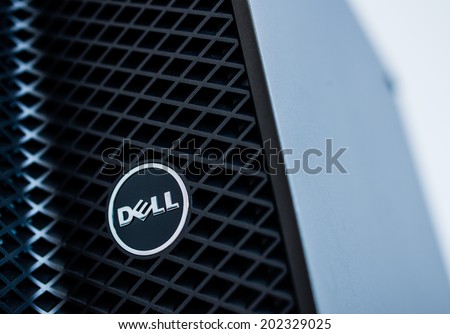 LONDON, UNITED KINGDOM - JUNE 30, 2014: Dell Computers logo on a 2014 server line, as seen on june 30, 2014. Dell server machines come configured as tower, rack-mounted, or blade servers