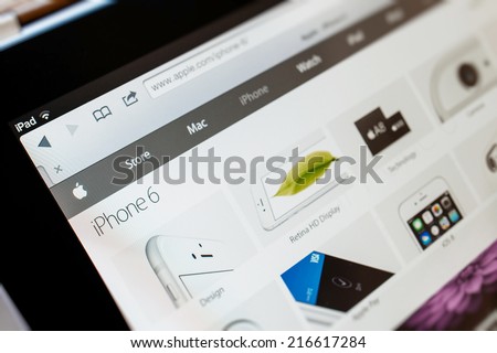 PARIS, FRANCE - September 10, 2014: Apple Computers website with the newly launched Apple iPhone 6 and larger iPhone 6 Plus features as seen on 10 September, 2014