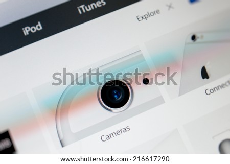 PARIS, FRANCE - September 10, 2014: Apple Computers website with the newly launched smart phones Apple iPhone 6 and larger iPhone 6 Plus camera details as seen on 10 September, 2014