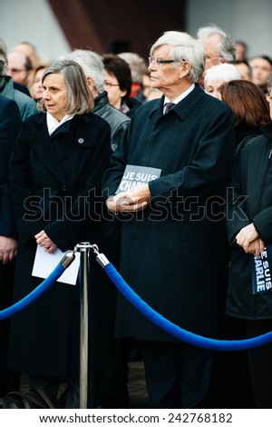 STRASBOURG, FRANCE - JAN. 09, 2015: Council of Europe employees and Thorbjorn Jagland - Secretary General of the CE attend to a silent vigil to condemn the gun attack at French Charlie Hebdo