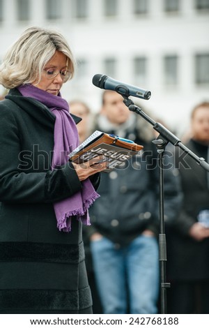 STRASBOURG, FRANCE - JAN 09, 2015: Council of Europe employees and Thorbjorn Jagland - Secretary General of the CE attend to a silent vigil to condemn the  attack at satirical magazine Charlie Hebdo
