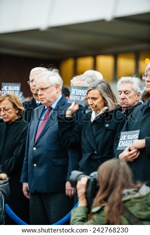 STRASBOURG, FRANCE - JAN 09, 2015: Council of Europe employees and Thorbjorn Jagland - Secretary General of the CE attend to a silent vigil to condemn the gun attack at French Charlie Hebdo