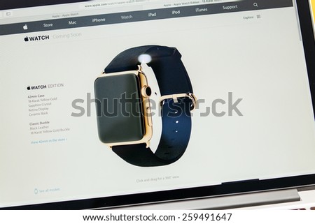 PARIS, FRANCE - MAR 10, 2015: Apple Computers website on MacBook Retina in room environment showcasing Apple Watch Edition specs as seen on 10 March, 2015