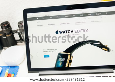 PARIS, FRANCE - MAR 10, 2015: Apple Computers website on MacBook Retina in room environment showcasing 10000 USD Apple Watch Edtion as seen on 10 March, 2015