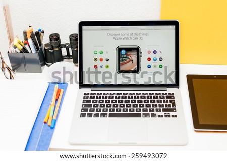 PARIS, FRANCE - MAR 10, 2015: Apple Computers website on MacBook Retina in room environment showcasing Apps for Apple watch as seen on 10 March, 2015