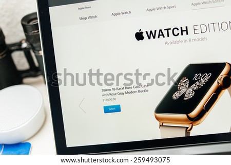 PARIS, FRANCE - MAR 10, 2015: Apple Computers website on MacBook Retina in room environment showcasing 17000 USD Apple Watin Edition as seen on 10 March, 2015