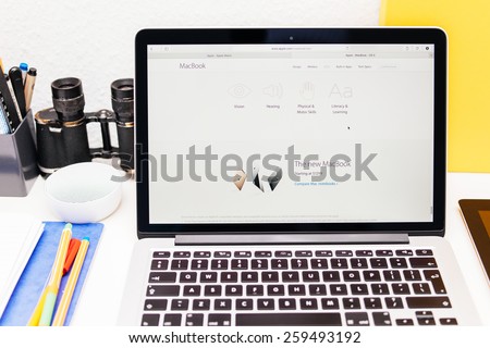 PARIS, FRANCE - MAR 10, 2015: Apple Computers website on MacBook Retina in room environment showcasing MacBook for impairments users as seen on 10 March, 2015