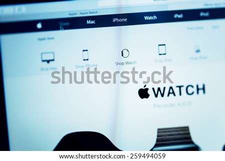 PARIS, FRANCE - MAR 10, 2015: Apple Computers website on MacBook Retina in room environment showcasing Apple Watch pre-order page  as seen on 10 March, 2015