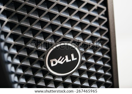 LONDON, UNITED KINGDOM - JUNE 30, 2014: Dell Computers logo on a workstation, as seen on june 30, 2014. Dell workstations machines come configured as tower, rack-mounted or notebooks