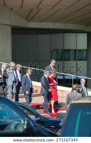 STRASBOURG, FRANCE - APRIL 21, 2015: Filip of Belgium and Queen Mathilde of Belgium arrive to visit the European Court of human Rights in Strasbourg, eastern France, on April 21, 2015.