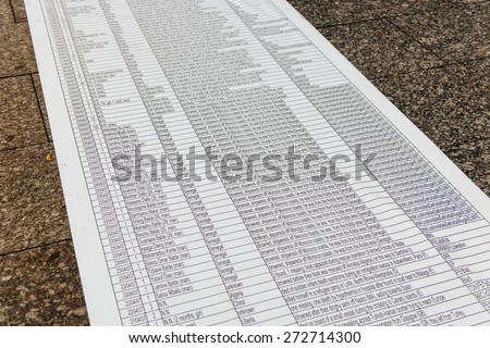 STRASBOURG - APR 26 2015 Long list of dead migrants at demonstration protest against immigration  border management which asks for commitment in the wake of last weekend\'s migrant boat disaster