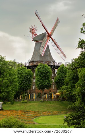 Historic windmill from Wallenlange park in Bremen, Germany. This beautiful photograph is perfect for your travel brochure and any other info about Bremen or Germany.
