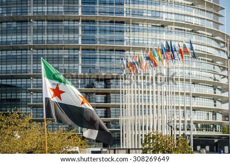 STRASBOURG, FRANCE - AUG 20, 2015: People protesting in front of European Parliament denouncing the Syrian airstrikes on Douma wheremore 80 were killed - All European Union flags and Syrian flag