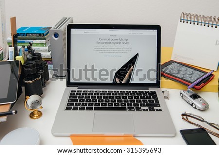 PARIS, FRANCE - SEP 9, 2015: Apple Computers website on MacBook Pro Retina in a creative room environment showcasing the newly announced iPad Pro CPU
