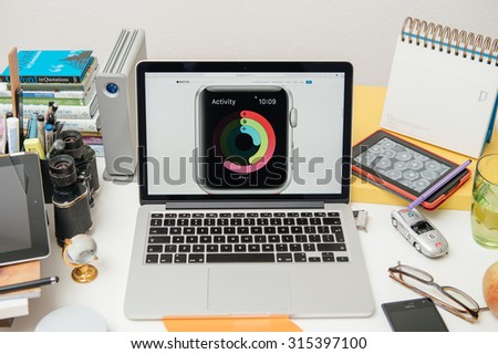 PARIS, FRANCE - SEP 10, 2015: Apple Computers website on MacBook Pro Retina in a creative room environment showcasing the newly announced Activity on Apple Watch