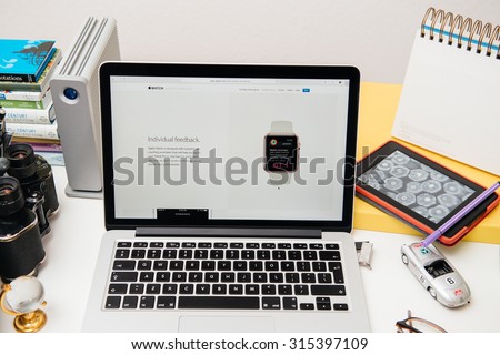 PARIS, FRANCE - SEP 10, 2015: Apple Computers website on MacBook Pro Retina in a creative room environment showcasing the newly announced Individual Feedback in WatchOS 2