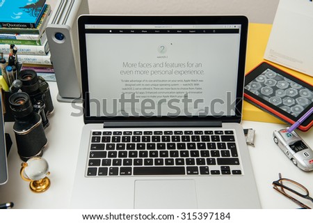 PARIS, FRANCE - SEP 10, 2015: Apple Computers website on MacBook Pro Retina in a creative room environment showcasing the newly announced WatchOS 2