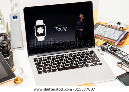 PARIS, FRANCE - SEP 10, 2015: Apple Computers website on MacBook Pro Retina in a creative room environment showcasing the newly announced