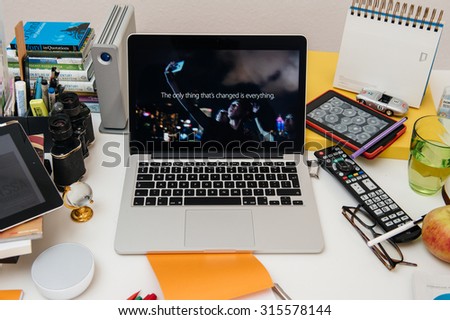 PARIS, FRANCE - SEP 10, 2015: Apple Computers website on MacBook Pro Retina in a creative room environment showcasing the newly announced iPhone 6s